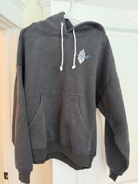 Free People Black Hoodie with Small Floral Chest Graphic